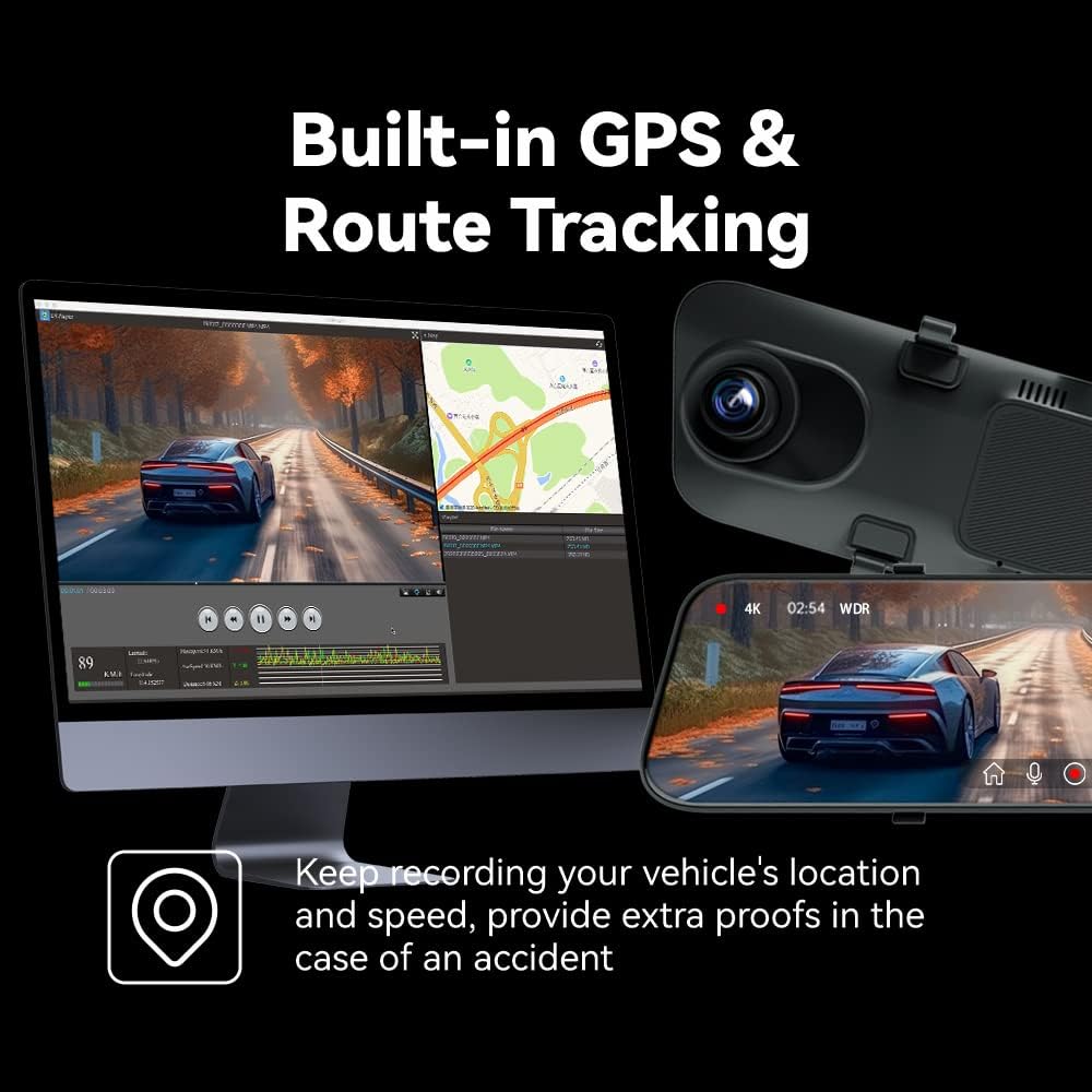 12" 4K Mirror Dash Cam with Smart Driving Assistant, 2160P Front & Rear Cameras, Voice Control, ADAS, BSD, Night Vision & 32GB Memory Card