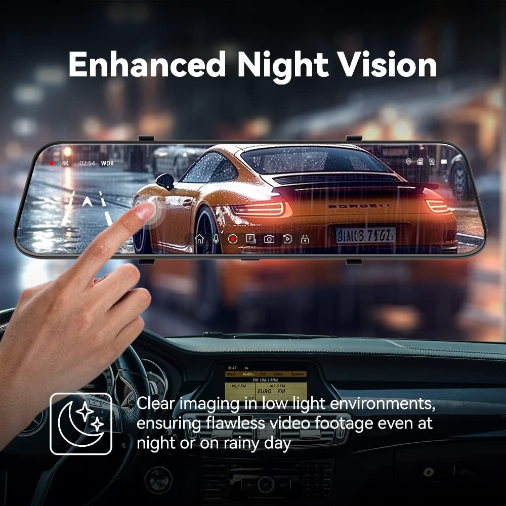 12" 4K Mirror Dash Cam with Smart Driving Assistant, 2160P Front & Rear Cameras, Voice Control, ADAS, BSD, Night Vision & 32GB Memory Card
