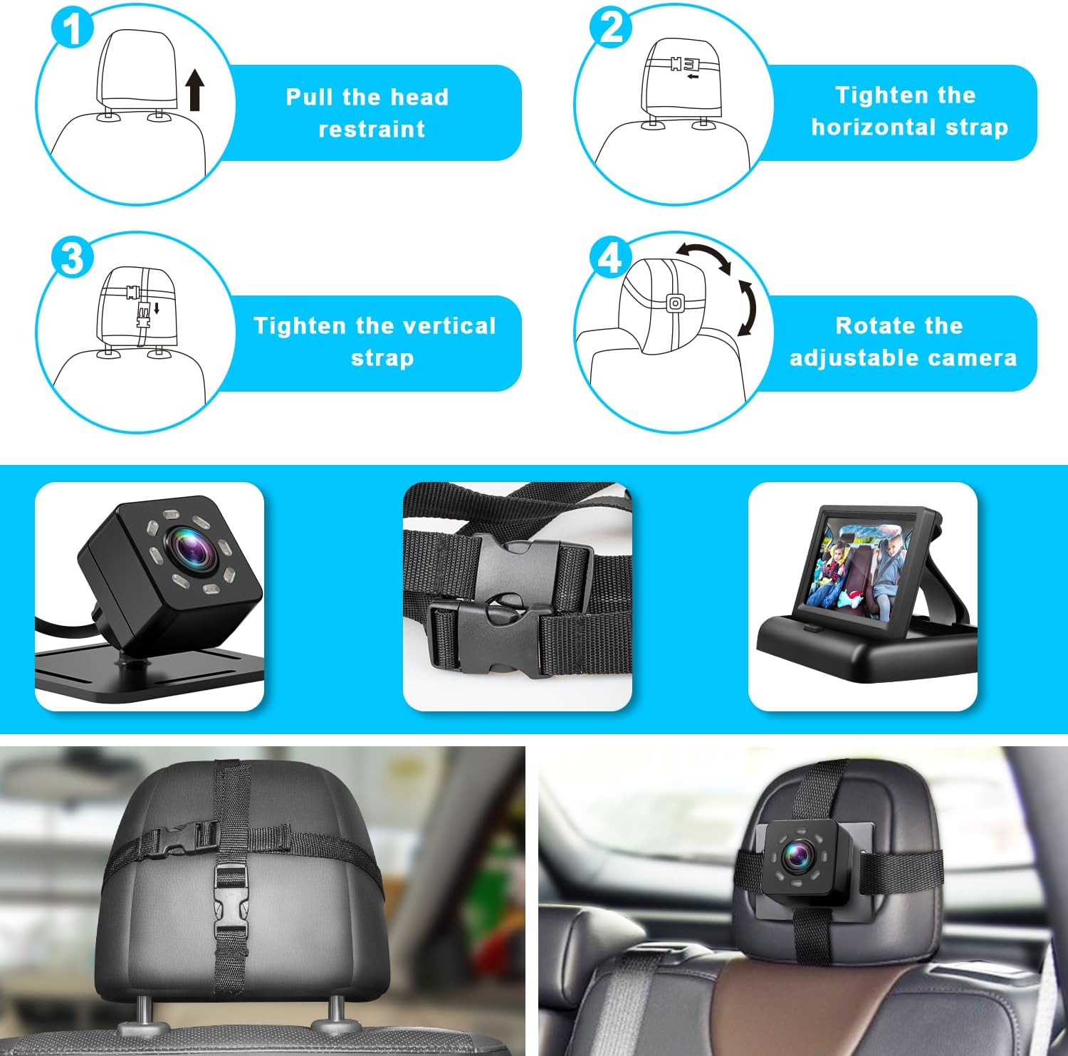 Baby Car Mirror with 4.3" HD Screen and Night Vision, Safety Car Seat Camera with Wide Crystal-Clear View, Monitor Baby's Movement While Driving (Non-USB)