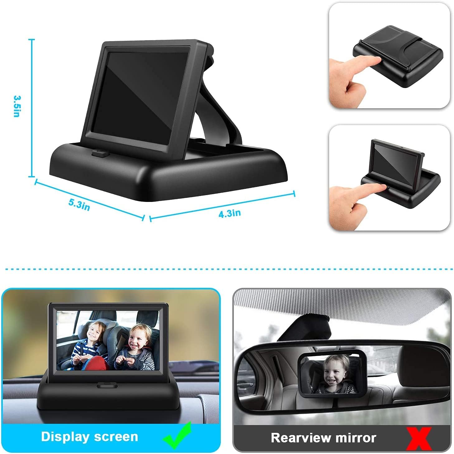 Baby Car Mirror with 4.3" HD Screen and Night Vision, Safety Car Seat Camera with Wide Crystal-Clear View, Monitor Baby's Movement While Driving (Non-USB)